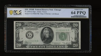 DBR 1934-B $20 FRN Chicago Vinson Fr. 2056-G PCGS-B 64 PPQ Serial G15906678B - Image 1 of 2