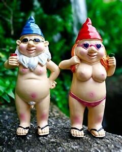 2 Pcs Naked Gnome Garden Statue Funny Naughty Man and Woman Gnomes