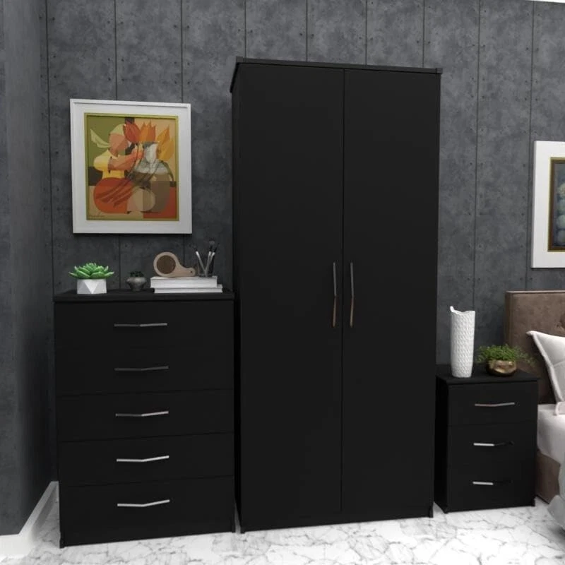 Assembled 3 Piece Modern Bedroom Furniture Bedside Wardrobe Set Chest of Drawers — 第 1/1 张图片