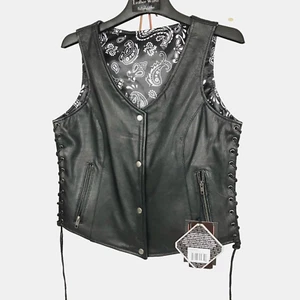 Unik Premium Women Sz M Black Leather Snap Front Vest Side Laces Paisley Liner - Picture 1 of 21