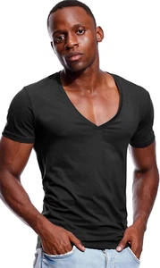 Deep V Neck T Shirt for Men Low Cut Vneck Tee Invisible Tshirt Vee Top Scoop Hem - Picture 1 of 12