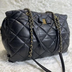 Salvatore Ferragamo Women Super Shoulder Bag Vara Black Quilted Chain USED - Picture 1 of 13