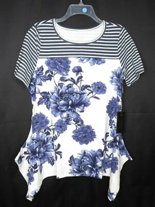 NWT DG2 DIANE GILMAN NAVY COMBO PRINT SCARF HEM KNIT TOP SZ M #B298 - Picture 1 of 2