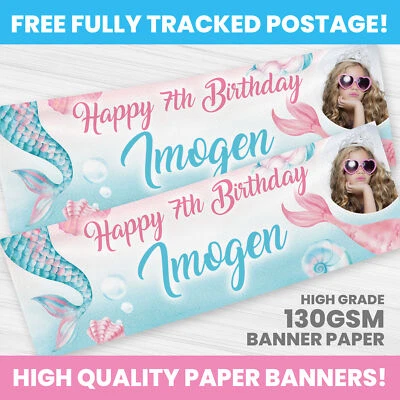 MERMAID PERSONALISED PRINCESSES BIRTHDAY BANNER PARTY DECORATION BANNERS - Image 1 of 3