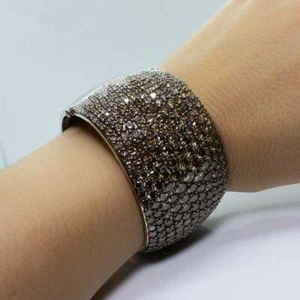 Estate Round Cut Brown 55.86 CT Gemstones Pave 925 Solid Silver Bangle Bracelet - Picture 1 of 7