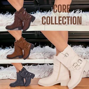 Botas de medio invierno para mujer Botas de media pantorrilla con hebilla y cremallera lateral Zapatos - Imagen 1 de 21