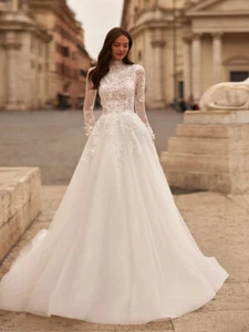 A-line Long Wedding Dress Modest High Collar Bride Appliques Flower Bridal Gown - Picture 1 of 8