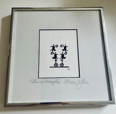 "Arte en papel cortado a mano ORIGIN FIRMADO GATOS en monociclos, silueta de Marcia Guthrie 8""" Foto 1 de 4