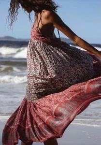Daughters Of India Dress Maxi Size M Red Floral Strappy Sundress Boho Geet Boho - Picture 1 of 15