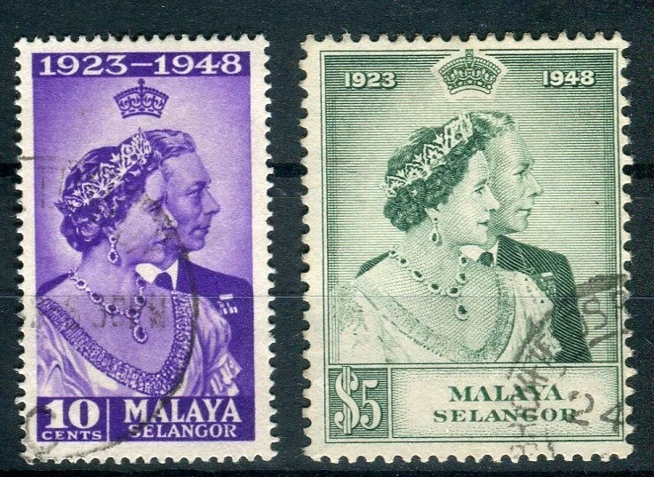 Malaya Selangor KGVI 1948 boda de plata real SG88/9 fina usada Foto 1 de 1