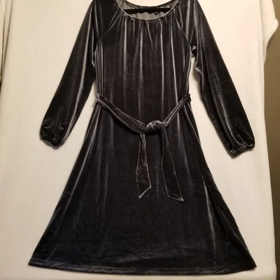 Vestido Lands End S Manga Larga Cinturón Terciopelo Midi Elastizado Gris Oscuro Vacaciones  Foto 1 de 4
