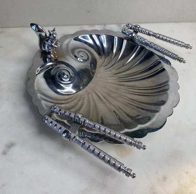 Squirrel Nutcracker Plate Set Vintage Chrome Plated Silver Shell Display Dish - Image 1 of 4