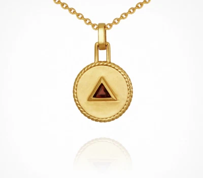 Simulated Triangle Shape Blood Red Ruby In 10K Yellow Gold Round Charm Pendant - Image 1 of 4