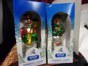 (2) Santa's Best European Style Mouth Blown Glass North Pole Snowmen Ornaments - Picture 1 of 6