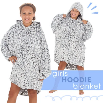 METZUYAN Girls Grey Leopard Wearable Blanket Oversized Hoodie Plush Fleece Lounge Top PJs
