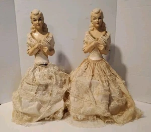 Vintage Pair Of Chalkware Lady Figural Boudoir Lamp with Lace Dress For Repair  - Picture 1 of 10