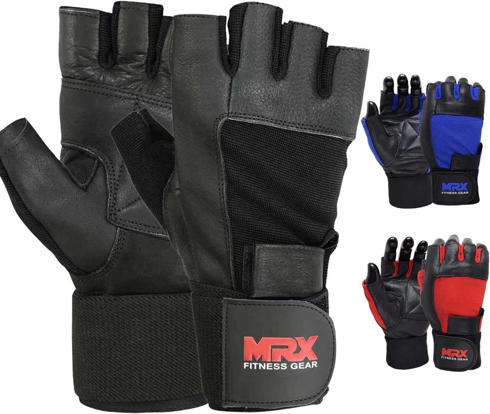 Weight Lifting Gym Gloves Fitness Training Workout Leather Exercise Black MRX   - Image 1 of 4