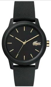 Lacoste Women's Watch Black Silicone Strap, Black Dial, Gold Hands 2001064 New - Picture 1 of 5