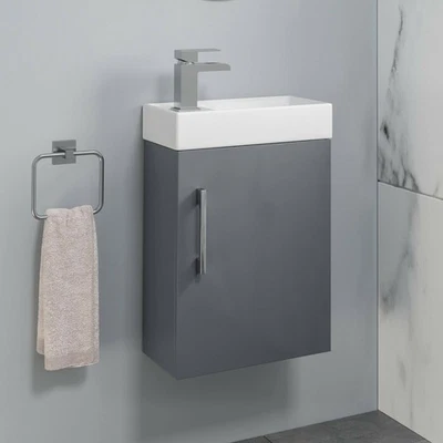 Modern Bathroom Basin Sink Vanity Unit Wall Hung 1 Tap Hole 400mm Gloss Grey - Image 1 of 4