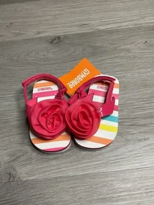 NWT Gymboree Pink Striped Flip Flops Sandals w/ Pink Rosette Baby Girl Size 3-4 - Picture 1 of 2