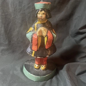Antico fermaporta vintage asiatico cinese giapponese "orientale" ragazza ragazzo ghisa 8" - Foto 1 di 15