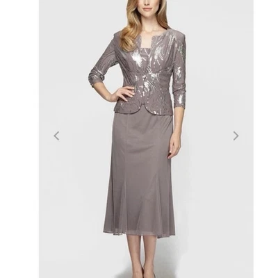 Alex Evenings Peltre Escarcha Lentejuelas Dos Piezas Chaqueta Sin Mangas Vestido Midi Talla 6 Foto 1 de 4