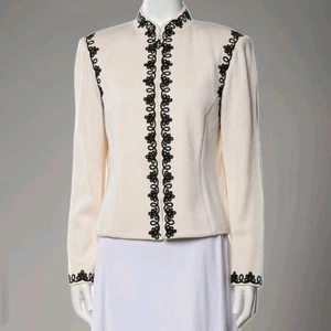 St. John Collection Front Zip Cream Jacket Black Skirt Suit  Embroidered Sz 12  - Picture 1 of 12
