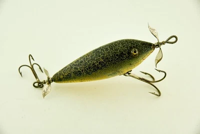 Antiguo señuelo de pesca vintage Heddon 2 ganchos espalda agrietada almizcle 300 Minnow JJ2 Foto 1 de 4