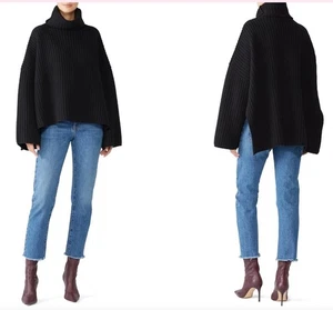 JOSEPH 100% Wool XS Oversized Side Slits Turtleneck Ribbed Chunky Sweater Poncho - Picture 1 of 24