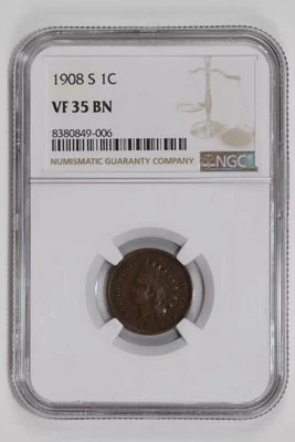 1908-S INDIAN HEAD CENT NGC VF35 BN - Image 1 of 2