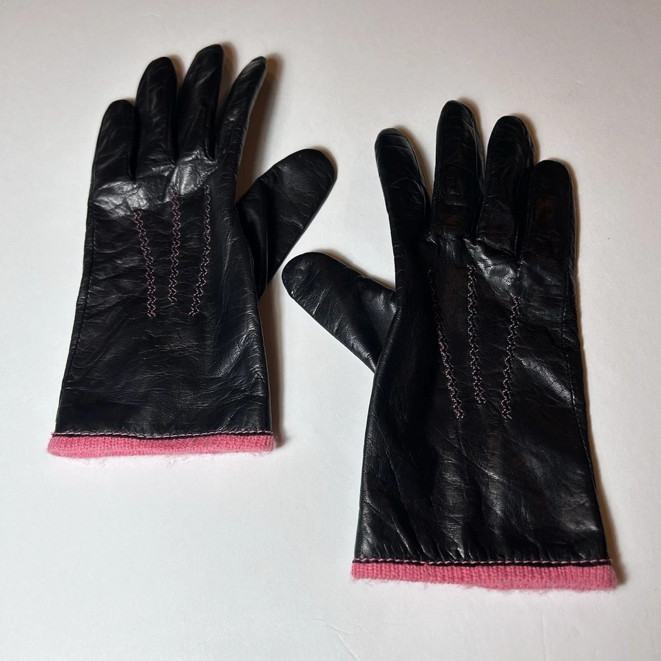Guantes de cuero negros vintage Fownes forro tejido rosa ribete para mujer talla M/L Foto 1 de 4