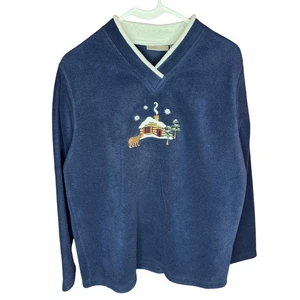 Fleece Pullover Top Women's Size M Blue Cabin Embroidered V-Neck Grandmacore - Picture 1 of 4