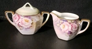 VINTAGE NORITAKE JAPAN HANDBEMALT ROSA ROSE DESIGN SAHNEKÄNNCHEN/ZUCKERDOSE/DECKEL - Bild 1 von 15