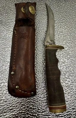 Cuchillo de hoja fija Schrade 499 49er con estuche de cuero original vintage EE. UU. Foto 1 de 3