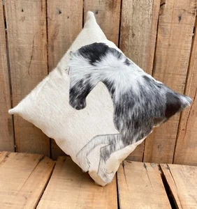 Leather engraved and Hand painted Cushion Cover  -"Standing Horse Cowhide patch" - Picture 1 of 21
