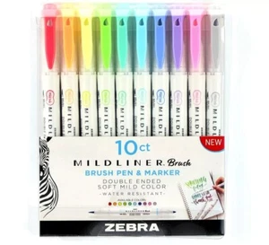 Zebra Mildliner Double Ended Brush Pen & Marker - Assorted Colors of 10 New - Picture 1 of 2