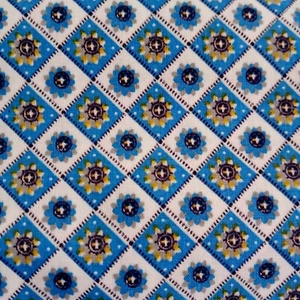 Vtg Cotton Fabric Blue & Cream Mini Squares w/ Blue Yellow Flowers - Picture 1 of 2