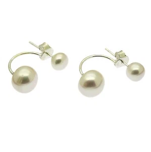 Sterling Silver Ear Jacket Double Pearl Stud Earrings White Freshwater Pearls - Picture 1 of 4