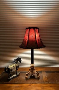 VTG Excelsior Cast Iron Table Lamp-Gold Paw&Ball Feet-Red Shade-Lion Head Decor - Picture 1 of 16
