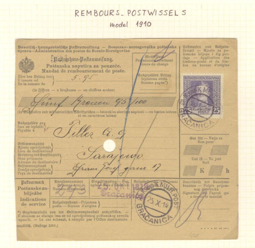Formulário raro de ordem de pagamento postal da Bósnia enviado da Gracânica para Sarajevo - Imagem 1 de 1