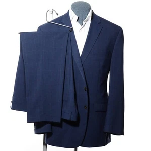 46R Chaps Dark-Blue Glen Plaid Wool-Blend 2-Piece Suit 40x30 Trousers Jacket XXL - Picture 1 of 14