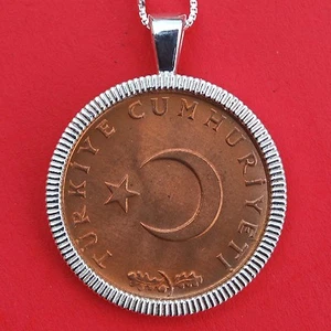 TURKEY TURKIYE 1971 10 KURUS CRESCENT MOON STAR Coin Sterling Silver Necklace - Picture 1 of 4