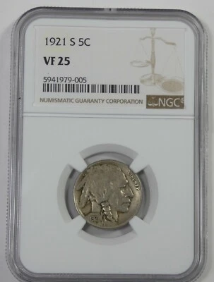1921-S Buffalo Nickel CERTIFIED NGC VF 25 5-Cents - Image 1 of 4