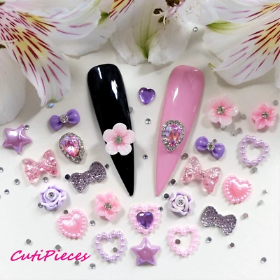 24pcs 3D Nail Art Baby Pink Lilac Flower Bows Jewel Gem Rhinestone Heart Craft