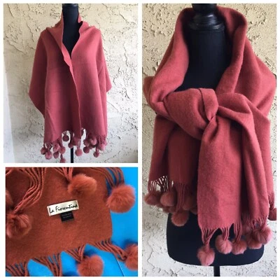 La Fiorentina 100% Sheep Cashmere Scarf 74x20 w/ Fur Pom Poms in Pumpkin Orange - Image 1 of 4
