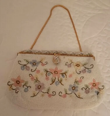 BOLSO/BOLSO DE MANO FRANCÉS ANTIGUO/VINTAGE CON CUENTAS FLORAL Foto 1 de 4