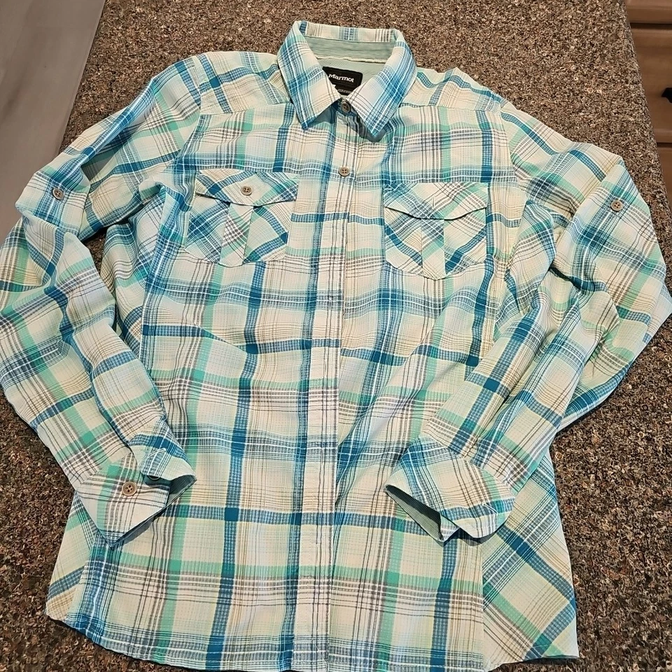 Camisa Marmot para mujer M azul a cuadros con botones lengüeta enrollable manga larga bolsillos senderismo Foto 1 de 4