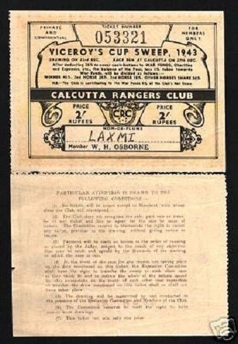 BRITISH INDIA 2 RUPEES 1943 VICEROY CUP RARE LOTTERY TICKET UNUSUAL MONEY ITEM - Image 1 of 1