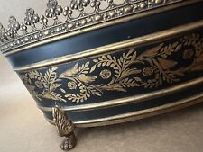 Vintage French Toleware Planter Gold On Black Flower Motif Hand Painted Tin