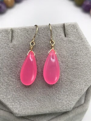 Pink Chalcedony Earrings Natural Briolette Hot Pink - 14K Gold Filled - Image 1 of 4